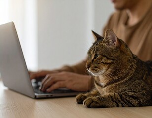 Fototapeta premium Hombre trabajando en laptop mientras gato está sobre escritorio, luz natural