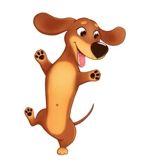 Cute cartoon dachshund dog happily jumping with tongue out, isolated on white background. Fun and cheerful pet illustration