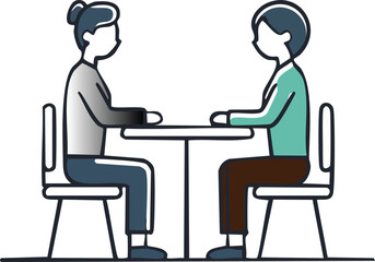 "Vector Illustration of Two People Sitting at Table and Talking"