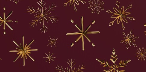Luxurious gold snowflakes artfully arranged against a deep burgundy backdrop, perfect for festive designs, seasonal greetings, or holiday-themed