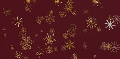Festive background featuring golden snowflakes on a deep red backdrop. Perfect for Christmas, winter holiday designs, and seasonal greetings. Us
