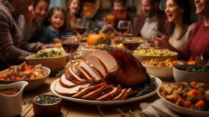 Family gathered around a table laden with food, celebrating a holiday with joy