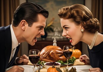 Couple arguing intensely over Thanksgiving dinner table.