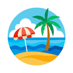 Tropical beach scene with palm tree and umbrella in a blue circle with clouds and ocean waves
