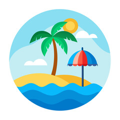 Tropical island paradise with palm tree beach umbrella sun and ocean waves in a circular design