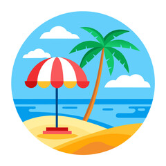 Tropical beach scene with a red and white umbrella and a palm tree under a blue sky
