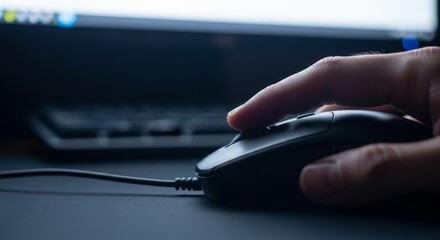 Close-up of a person's hand using a black wired computer mouse at a desk.