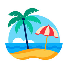Tropical island paradise with palm tree beach umbrella and ocean waves under a blue sky