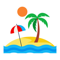 Tropical island paradise with a palm tree beach umbrella and sun over blue ocean waves