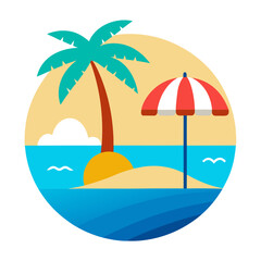 Tropical island paradise with palm tree beach umbrella and ocean waves illustration