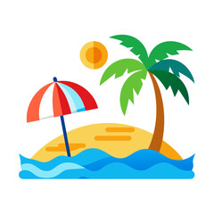 Tropical island paradise with palm tree umbrella and sun over blue ocean waves