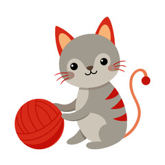 Cute cartoon gray cat playing with a red ball of yarn on a white background