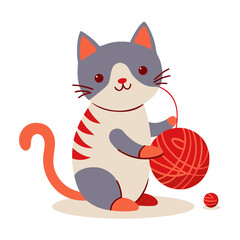 Cute cartoon cat playing with a ball of red yarn on a white background