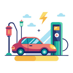 Modern electric car charging at a futuristic station with lightning bolt symbol and clouds