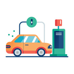 Orange electric car charging at a modern charging station with green and blue elements