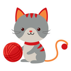 Cute cartoon grey tabby cat with red collar holding a ball of red yarn