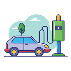 Modern electric car charging at a green charging station with a tree and clouds in the background