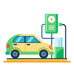 Modern electric car charging at a green charging station with a lightning bolt symbol
