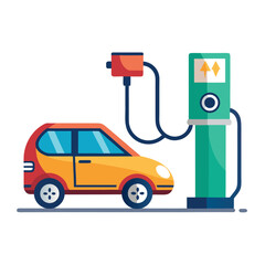 Modern electric car charging at a green charging station with a red charging connector on a white background