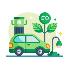 Green electric car charging at a station with eco friendly symbol and plant illustration