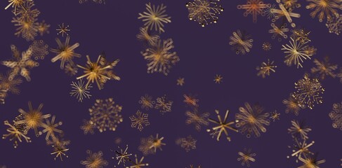 Abstract design of golden snowflakes floating against a deep purple background. Great for winter holidays, celebration or festive themes.