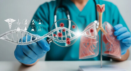 Doctor examining virus D N A structure near lungs model medical science