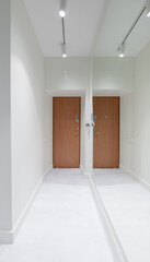 Home Entrance Hall. Interior. Wooden Brown Door, White Floo.r Minimalism.
