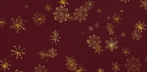 Luxurious gold snowflakes gracefully descend on a rich burgundy backdrop, ideal for winter holiday designs and Christmas illustrations.