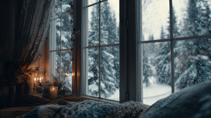 Winter forest window scene snow falling gently outside a cozy home.