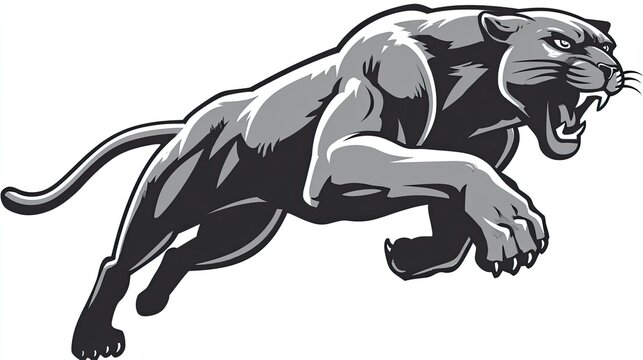 Powerful black panther leaps with mouth open, bared teeth, and claws extended.