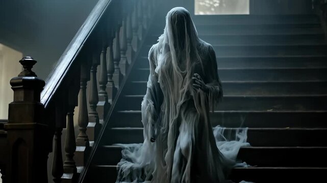 Experience intense dread as a looming ghost figure, shrouded, slowly walks down a creaky, dark staircase. Witness the supernatural terror and feel the fear
