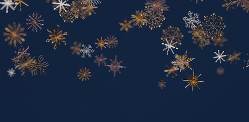 Elegant winter background featuring gold snowflakes over a dark blue backdrop. Perfect for Christmas, New Year designs, and holiday marketing ma