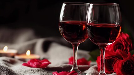 Two wine glasses with red wine and a bouquet of red roses on a table. Scene is romantic and intimate - Powered by Adobe