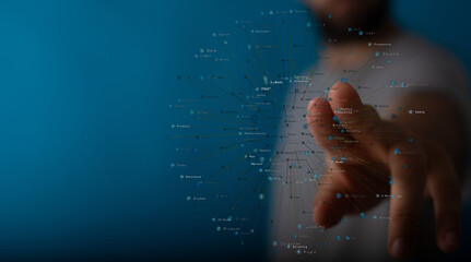Hand touching digital network. Visualization of data, information, concept of business technology and future innovation. Connection of global ne