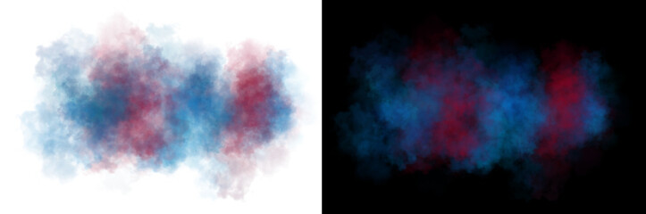 Realistic colorful smoke cloud with soft edges and transparent texture in vibrant blue and pink purples on white background..