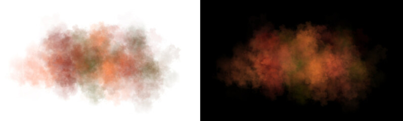 Realistic cloud of dust and smoke with soft edges and transparent texture in earthy fiery orange-green tones on a dark background..