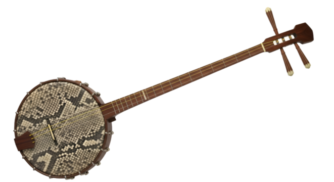 Exotic Snakeskin Banjo - Traditional Folk String Instrument with Natural Python Leather Head and Wooden Neck, transparent background 