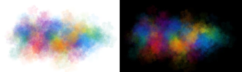 Realistic multicolor fractal smoke cloud with soft edges and transparent texture shown on white and black backgrounds