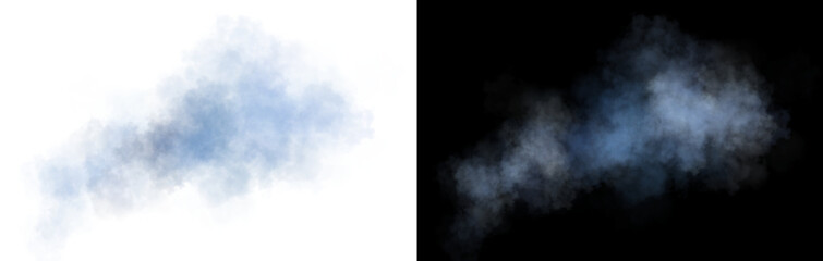 Realistic blue smoke cloud with soft edges and transparent texture on black background for overlays and commercial design use.
