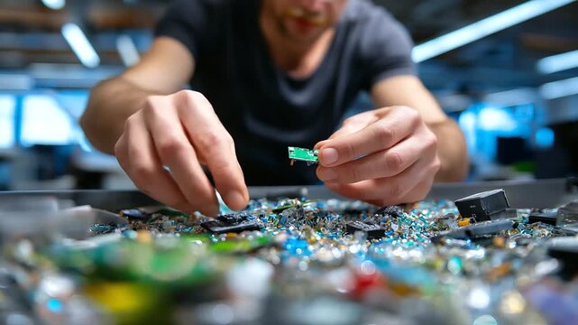 Anonymous sorter's hands separating components with blurred torso and focused obsolete electronics mass, with copy space