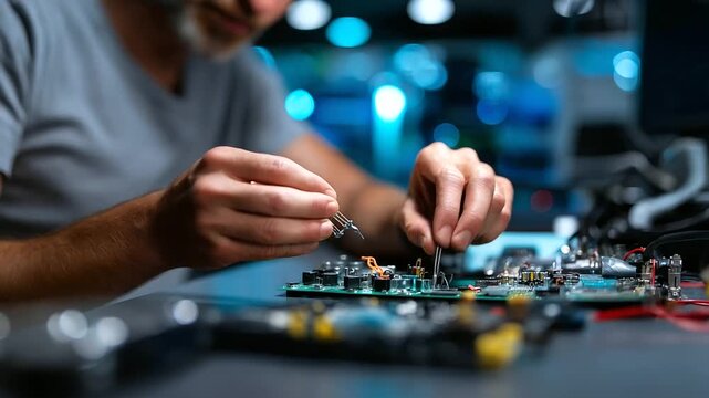 Anonymous sorter's hands separating components with blurred torso and focused obsolete electronics mass, with copy space