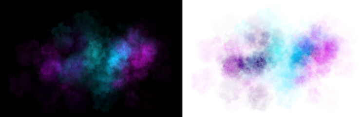 Realistic colorful smoke cloud with soft edges and transparent texture in vibrant blue and pink purples on white background.