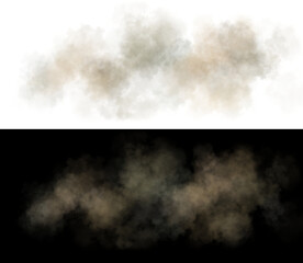 Realistic sandy dust and smoke clouds with soft edges and transparent texture on dark background for commercial visual use