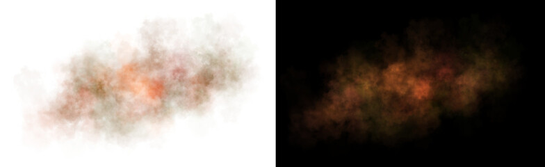 Obraz premium Realistic cloud of dust and smoke with soft edges and transparent texture in earthy fiery orange-green tones on a dark background