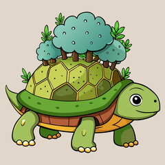 Whimsical cartoon turtle carrying a miniature forest on its shell silhouette