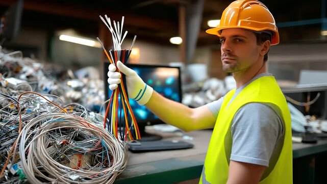 Back turned recycling employee processing sharp focused electronic refuse with tangled wire chaos, with copy space