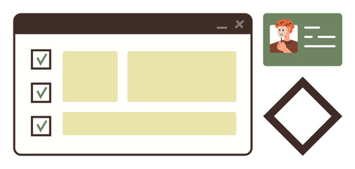 Task checklist in a web interface, beside identity profile card and decision-making diamond. Ideal for productivity, organization, workflow, task management, planning, prioritization focus. Simple