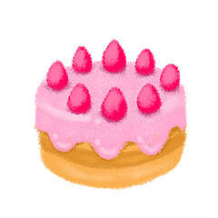 Illustration of a cake with pink frosting and strawberries. Breakfast pie.
