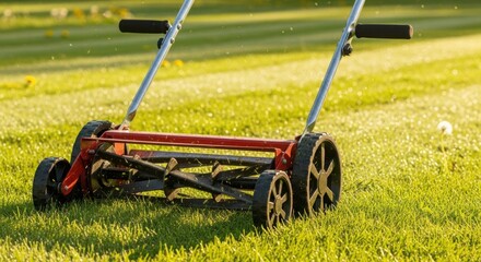 Lawnmower on green grass in sunlight