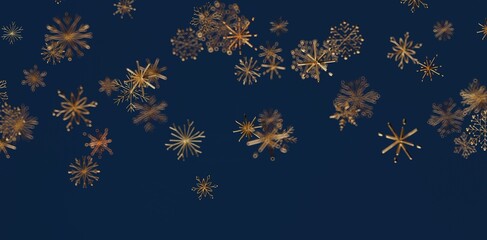 Elegant image of gold snowflakes descending on a dark blue backdrop, perfect for festive designs, Christmas and holiday backgrounds, creating a